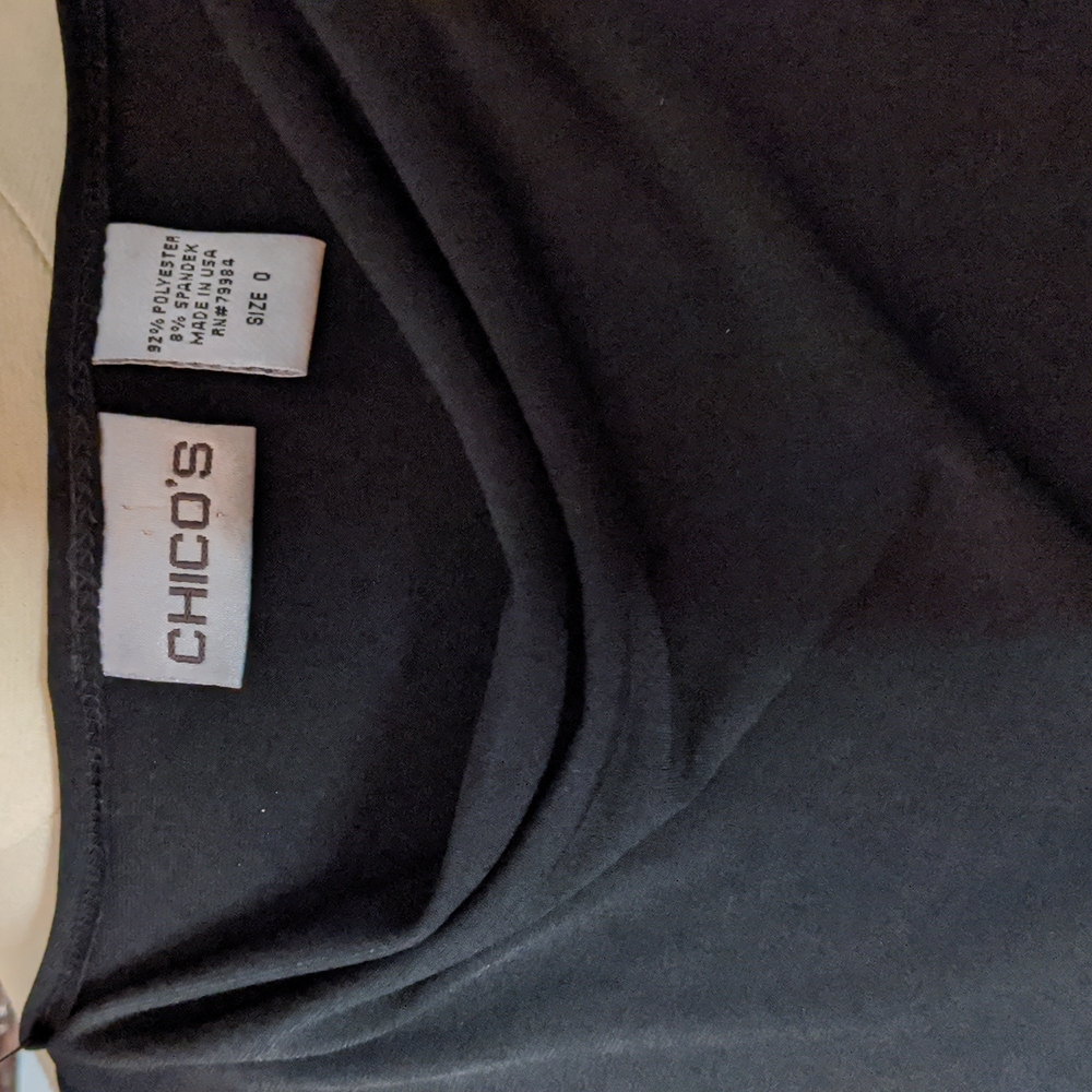 Chico's sz 0/Reg 4, ¾ sleeve black top. Soft and stretchy.